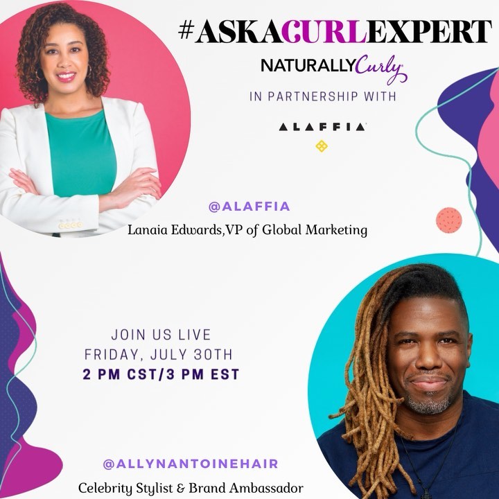 Tomorrow Friday, July 30th ✨Join us for a very special IG LIVE featuring celebrity stylist and brand ambassador @allynantoinehair and Lanaia Edwards, VP of Global Marketing @alaffia 